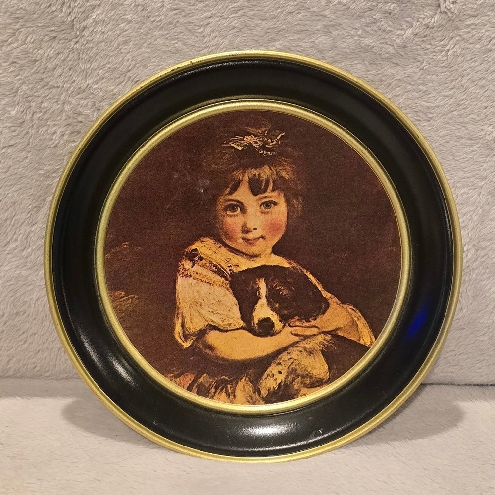 Vintage Fabcraft Metal Tray Miss Bowles and her Dog Sir Joshua Reynolds Art 6in